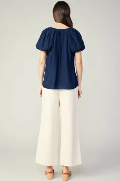 Current Air Short Sleeve Tops-Split Neckline Top NAVY