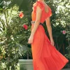 Current Air Midi Dresses-Square Neck Flutter Sleeve Midi Dress ORANGERED