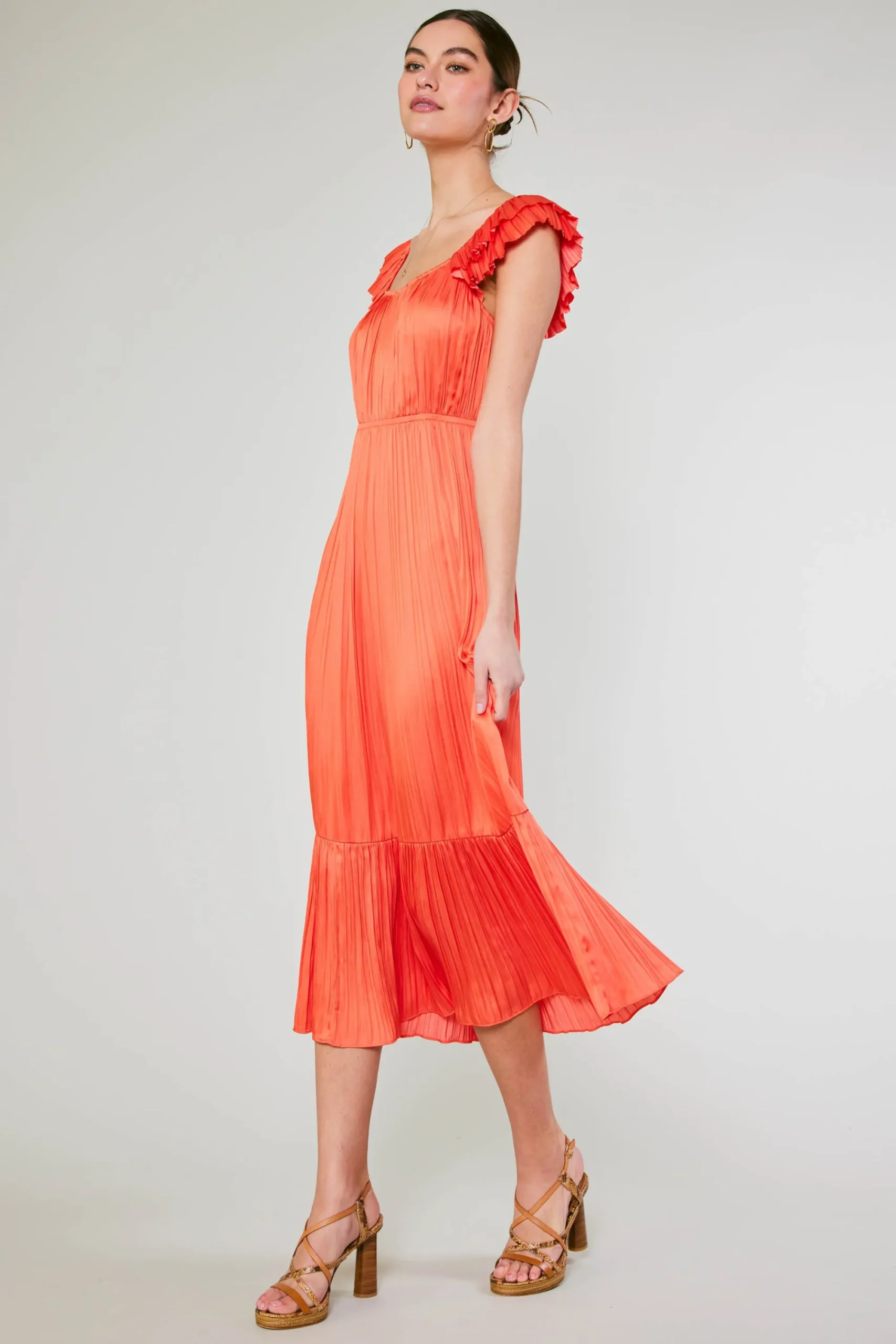Current Air Midi Dresses-Square Neck Flutter Sleeve Midi Dress ORANGERED