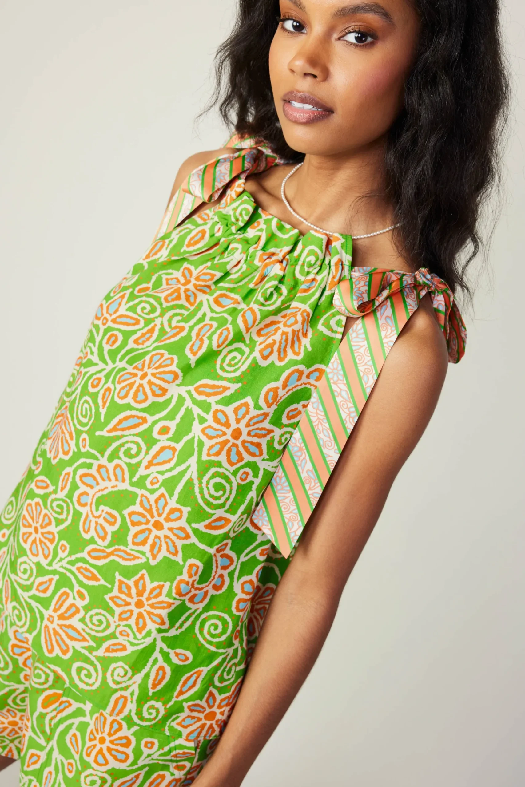 Current Air Sleeveless Tops-Striped Bow Floral Top GREENORANGEMLT