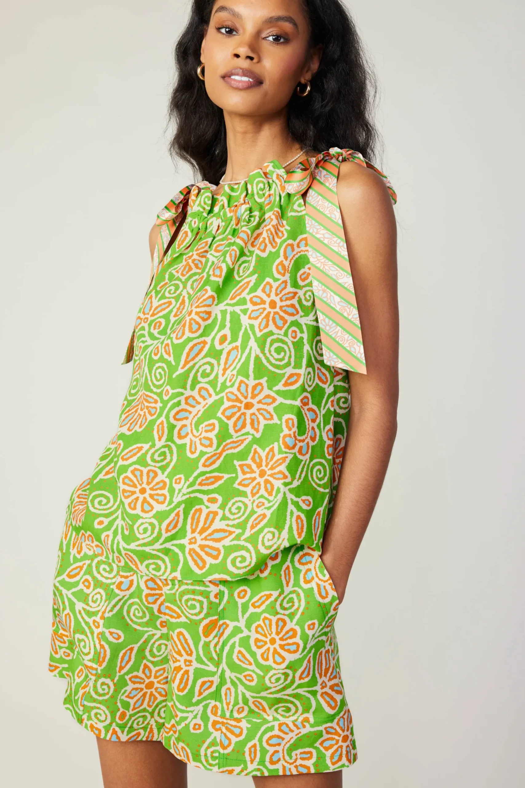 Current Air Sleeveless Tops-Striped Bow Floral Top GREENORANGEMLT