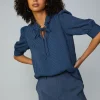 Current Air Short Sleeve Tops-Striped Structured Sleeve Blouse NAVY