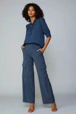 Current Air Short Sleeve Tops-Striped Structured Sleeve Blouse NAVY
