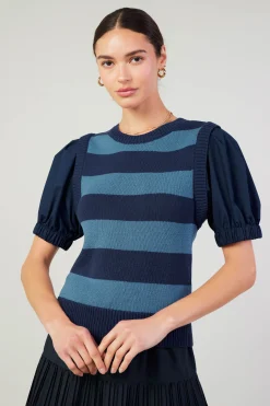 Current Air Knitwear | Short Sleeve Tops-Striped Sweater Top NAVY