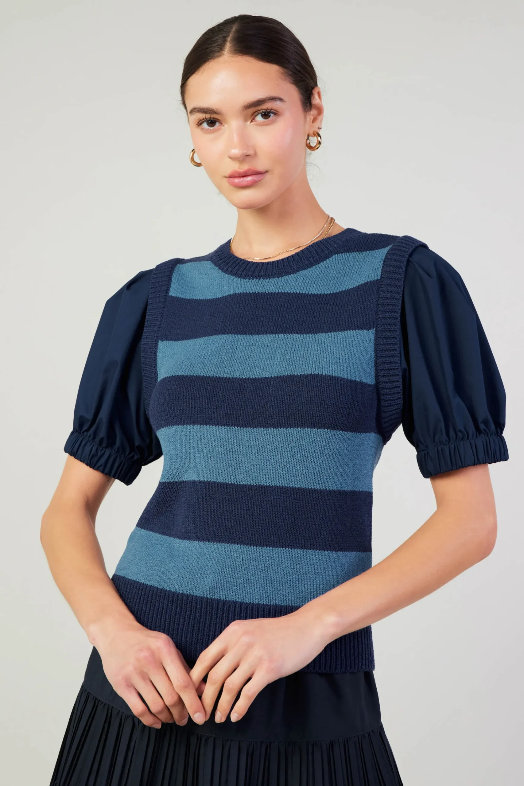 Current Air Knitwear | Short Sleeve Tops-Striped Sweater Top NAVY