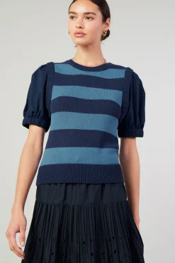 Current Air Knitwear | Short Sleeve Tops-Striped Sweater Top NAVY