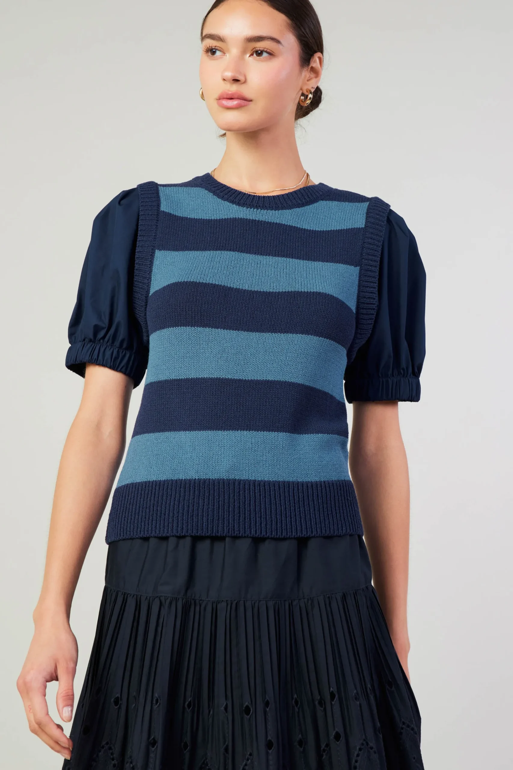 Current Air Knitwear | Short Sleeve Tops-Striped Sweater Top NAVY