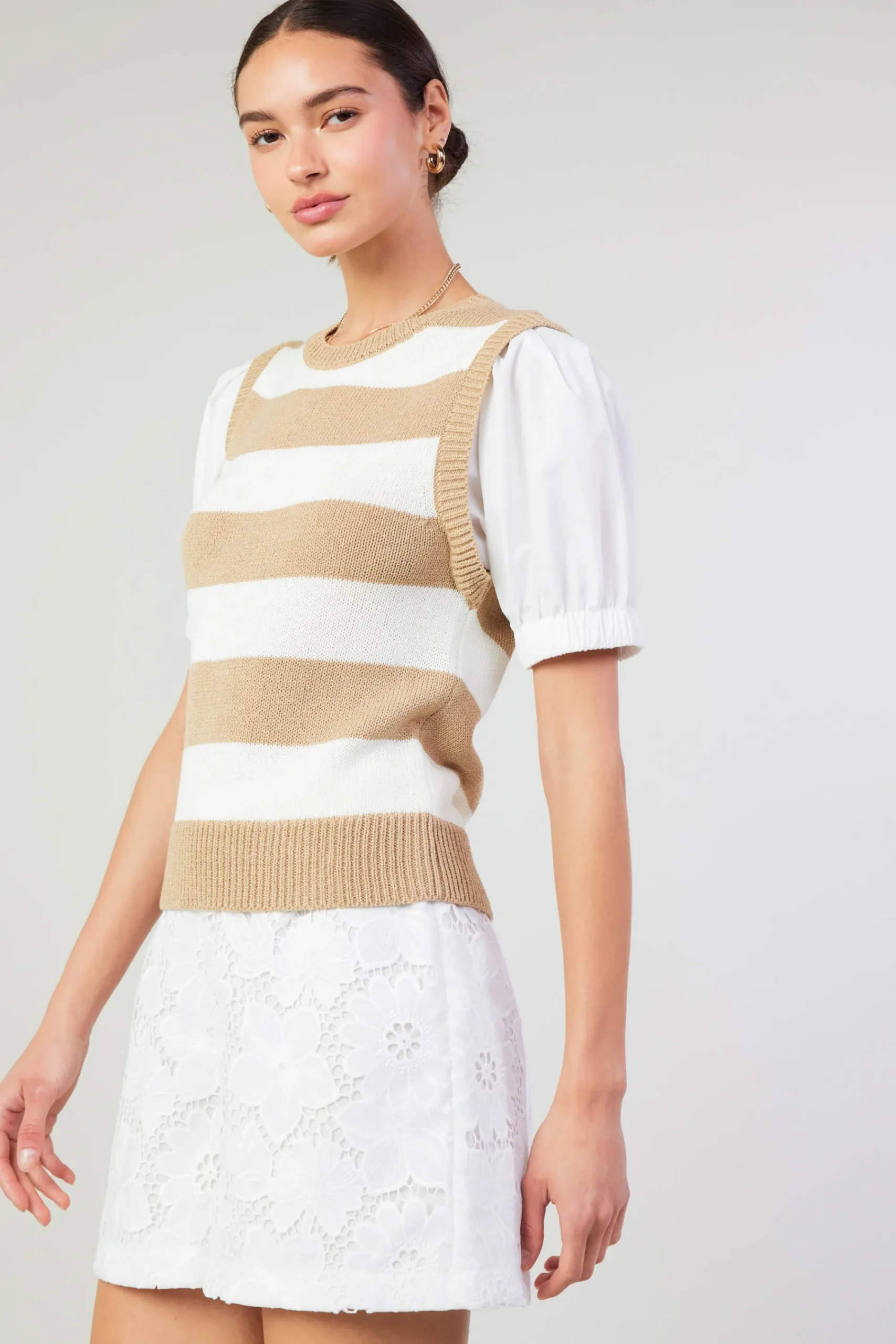Current Air Knitwear | Short Sleeve Tops-Striped Sweater Top TAUPE