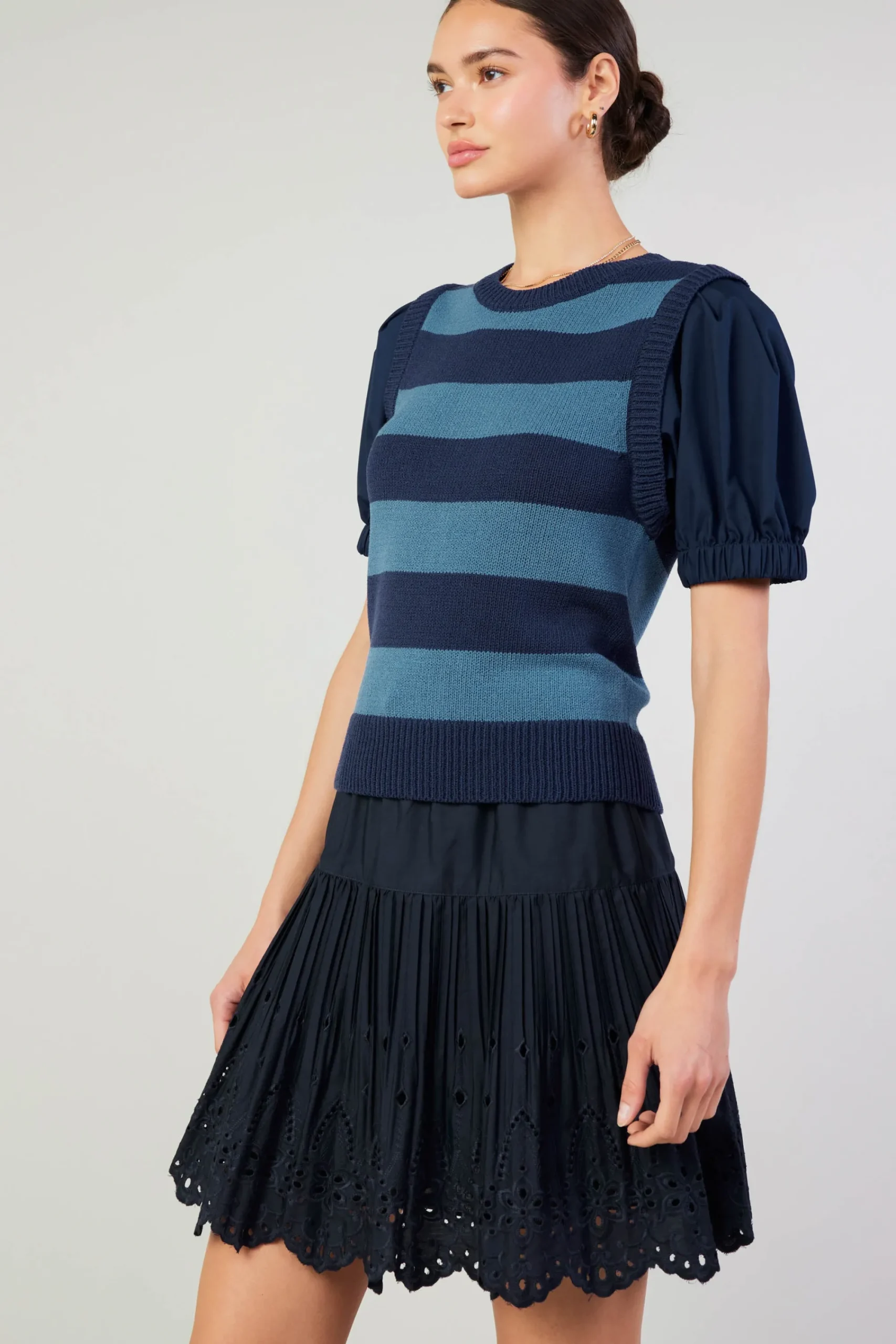 Current Air Knitwear | Short Sleeve Tops-Striped Sweater Top NAVY