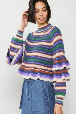 Current Air Sweaters-Striped Tiered Sleeve Sweater PURPLEGREEN