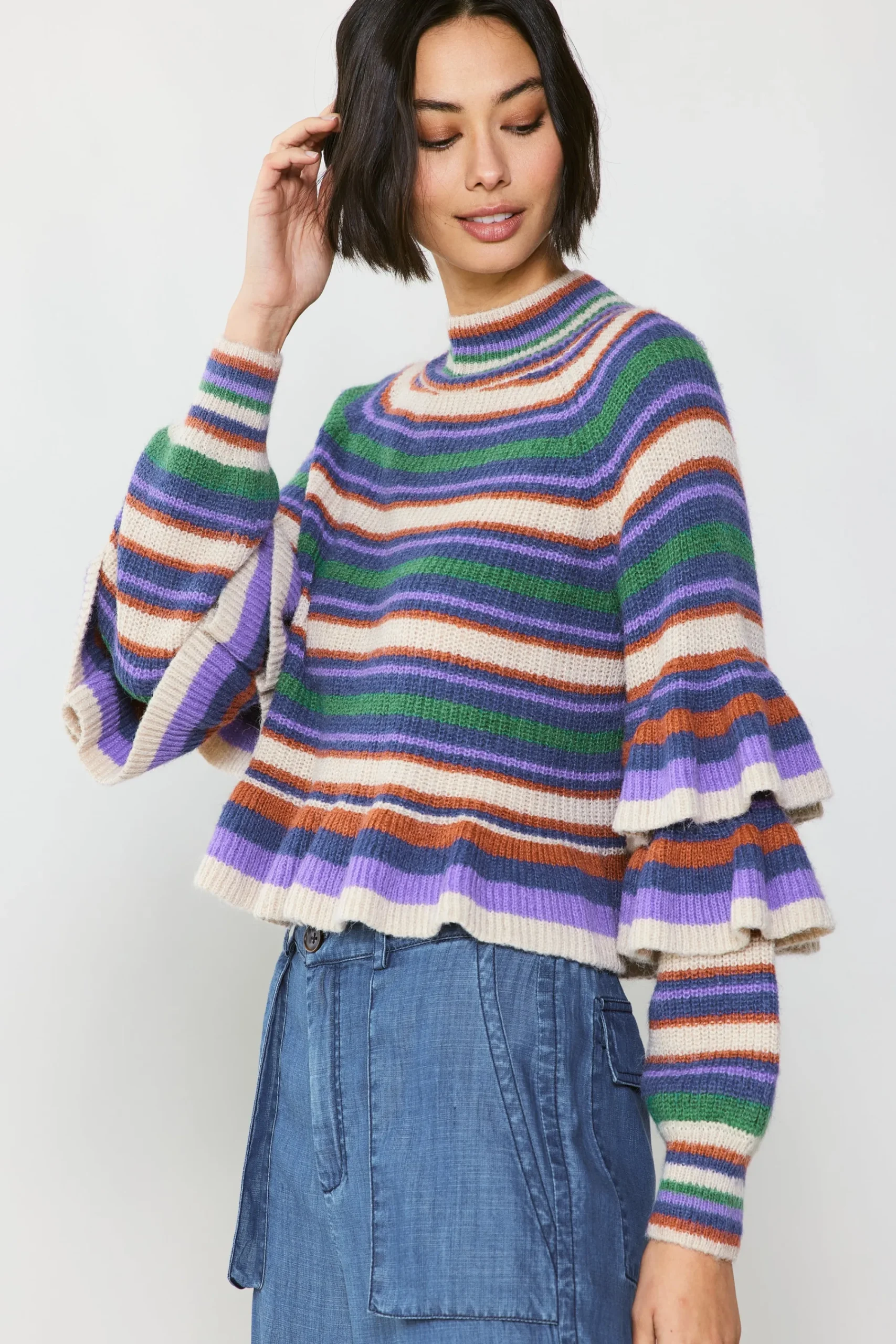 Current Air Sweaters-Striped Tiered Sleeve Sweater PURPLEGREEN