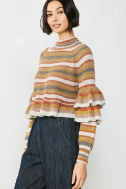 Current Air Sweaters-Striped Tiered Sleeve Sweater MUSTARDMLT