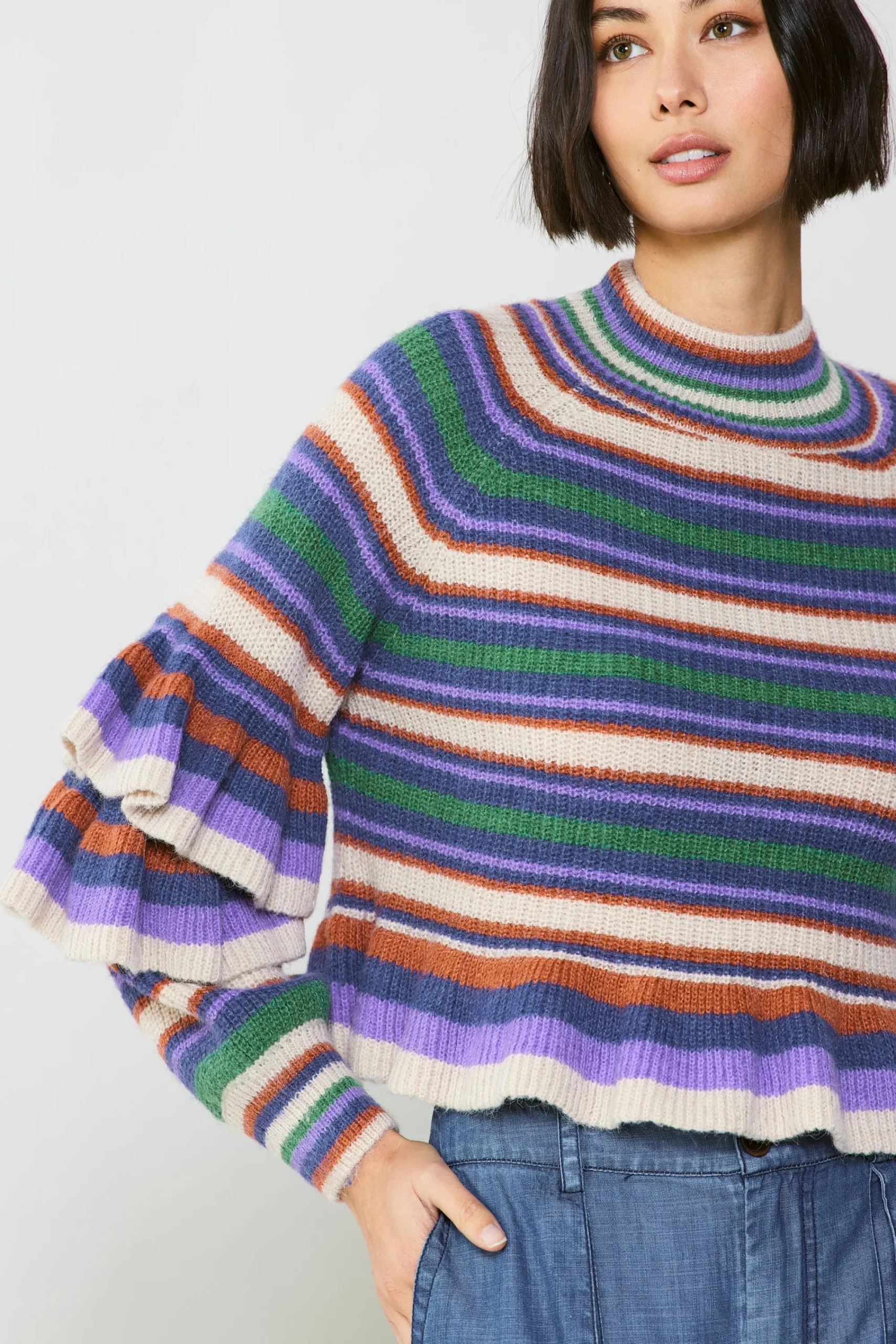 Current Air Sweaters-Striped Tiered Sleeve Sweater PURPLEGREEN