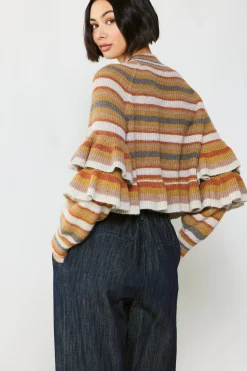 Current Air Sweaters-Striped Tiered Sleeve Sweater MUSTARDMLT