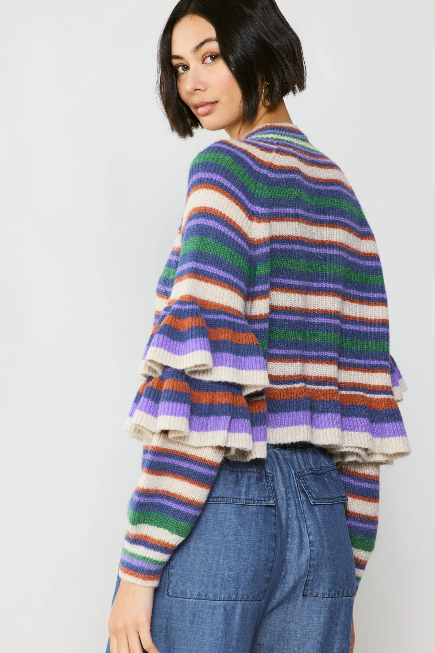 Current Air Sweaters-Striped Tiered Sleeve Sweater PURPLEGREEN