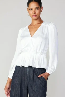 Current Air Long Sleeve Tops-Surplice Peplum Blouse WHITE