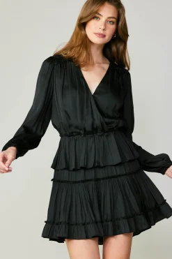 Current Air Mini Dresses-Surplice Tiered Mini Dress BLACK