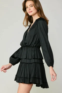 Current Air Mini Dresses-Surplice Tiered Mini Dress BLACK