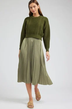 Current Air Knitwear-Sweater & Pleated Dress Set OLIVE