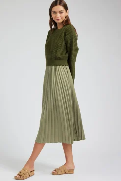 Current Air Knitwear-Sweater & Pleated Dress Set OLIVE