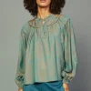 Current Air Long Sleeve Tops-Swirl Motif Blouse TEAL-ORANGE