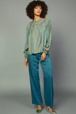 Current Air Long Sleeve Tops-Swirl Motif Blouse TEAL-ORANGE