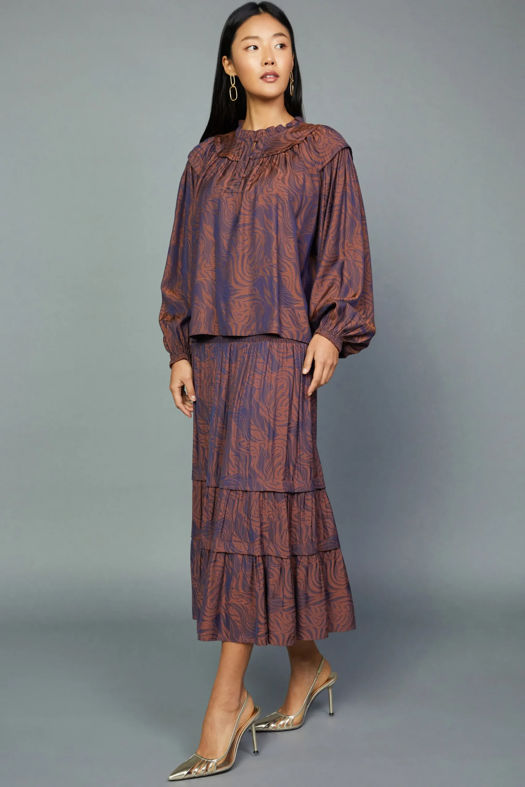 Current Air Long Sleeve Tops-Swirl Motif Blouse PURPLE-ORANGE