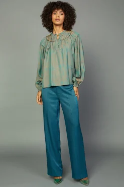 Current Air Long Sleeve Tops-Swirl Motif Blouse TEAL-ORANGE