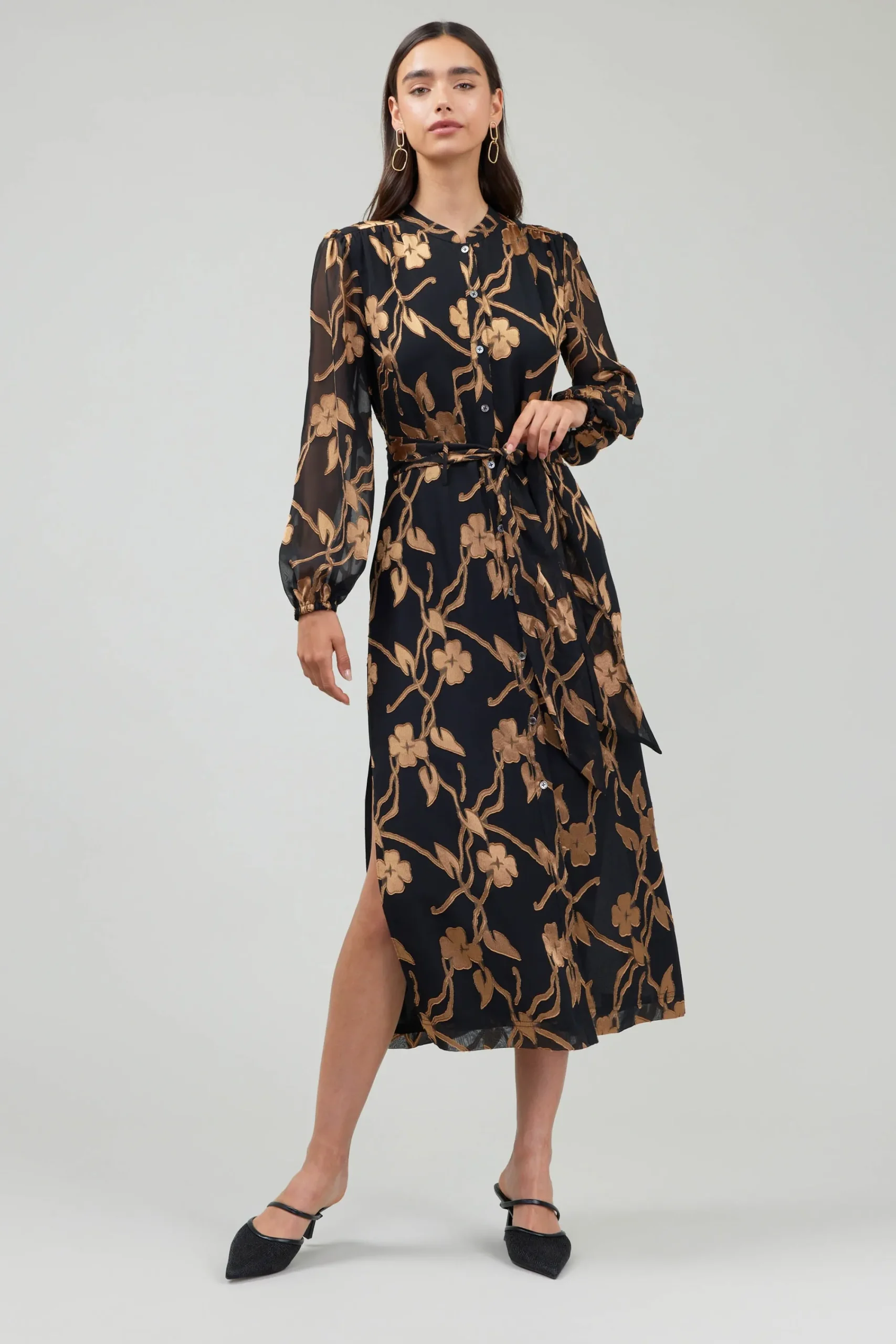 Current Air Midi Dresses-Textured Floral Midi Dress BLACKGOLD