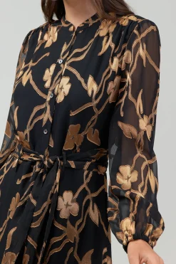Current Air Midi Dresses-Textured Floral Midi Dress BLACKGOLD