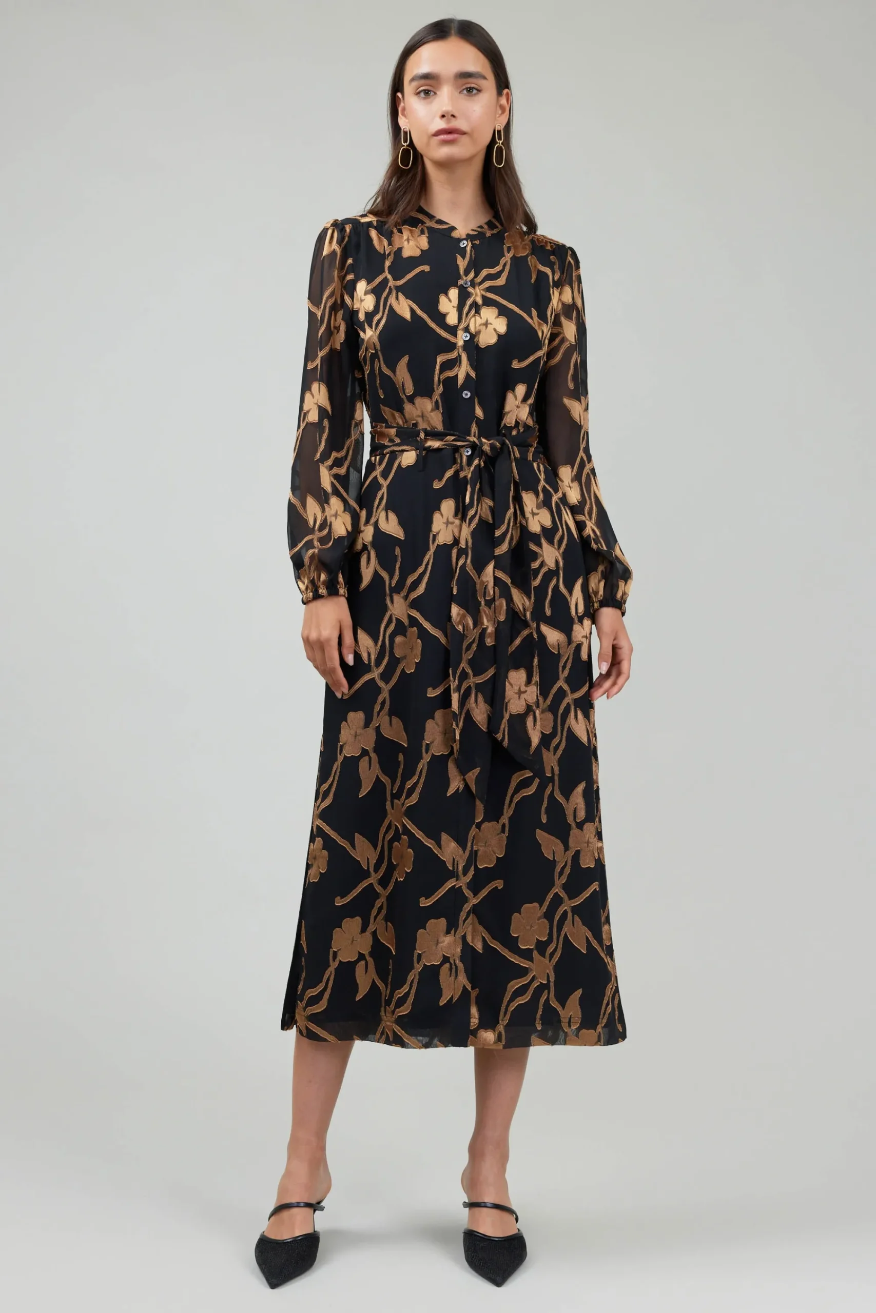 Current Air Midi Dresses-Textured Floral Midi Dress BLACKGOLD