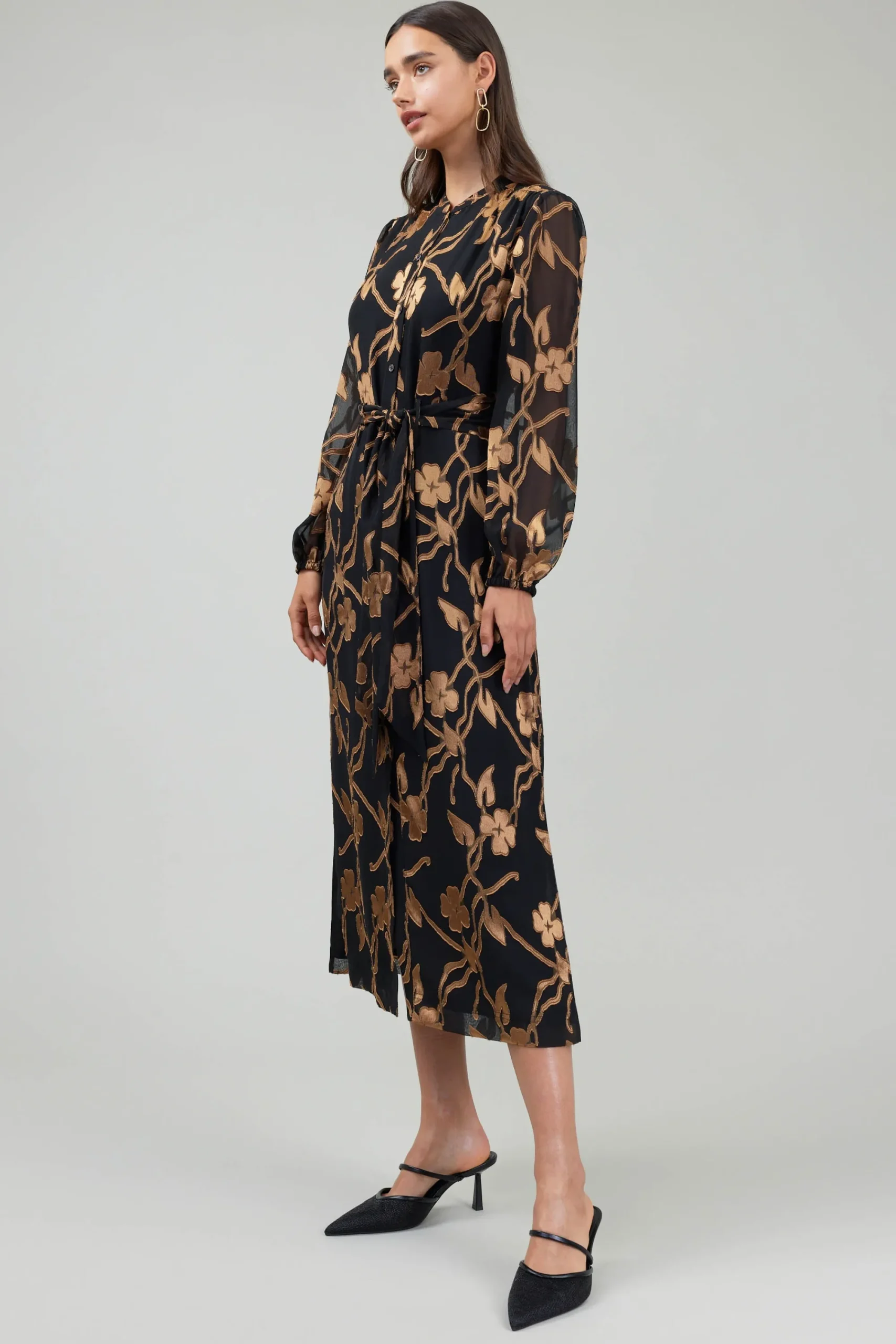 Current Air Midi Dresses-Textured Floral Midi Dress BLACKGOLD