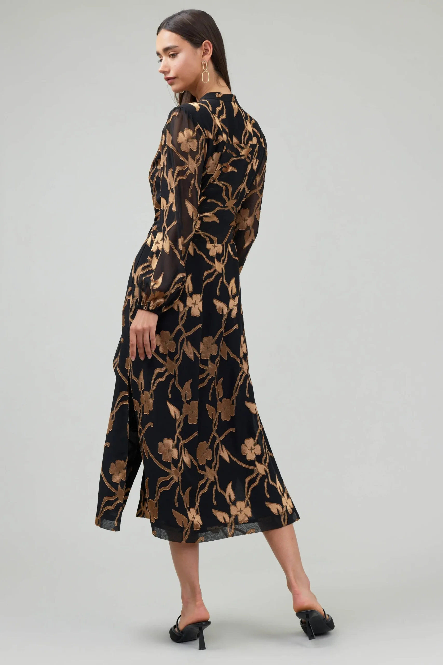 Current Air Midi Dresses-Textured Floral Midi Dress BLACKGOLD