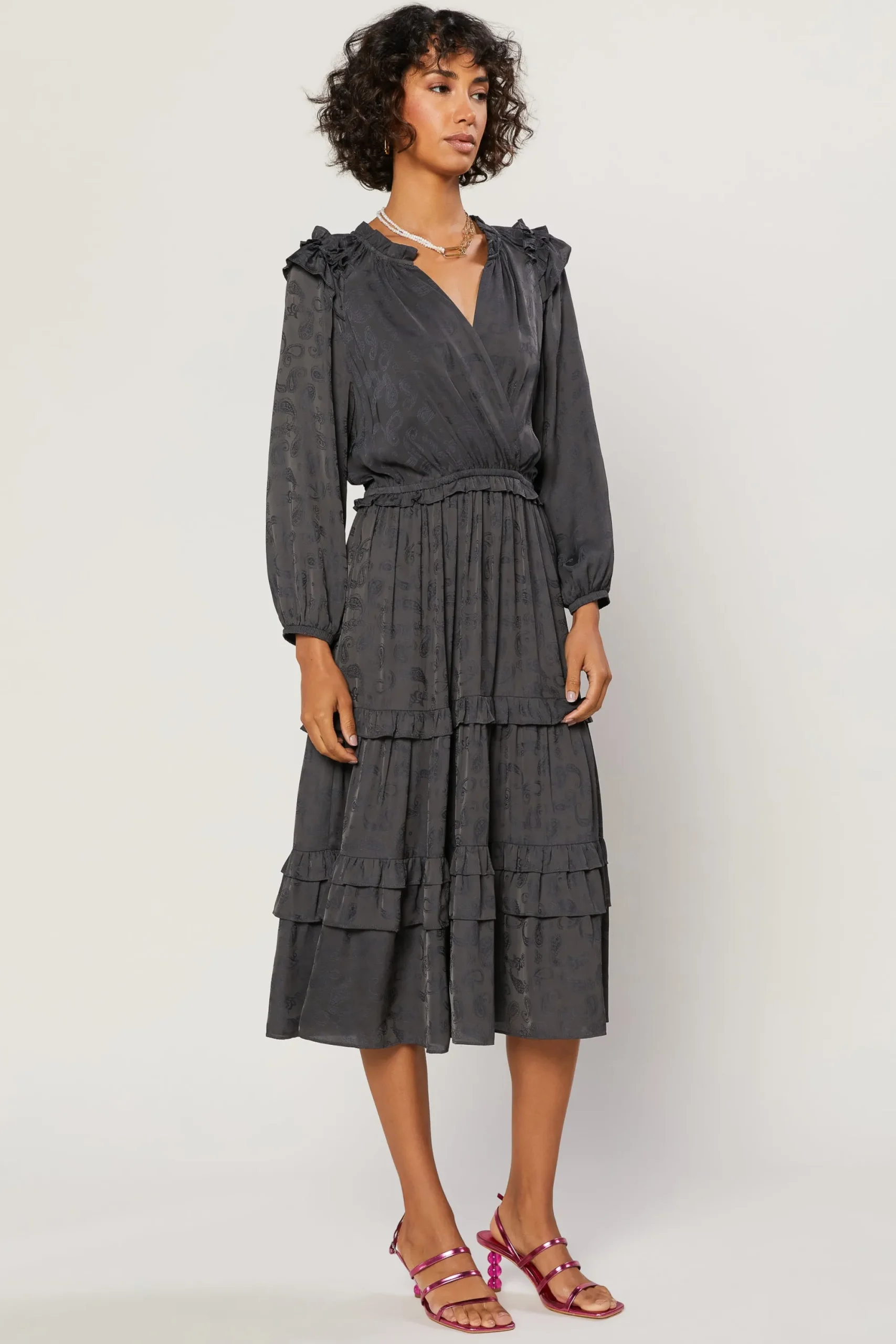 Current Air Midi Dresses-Tiered Skirt Midi Dress CHARCOAL