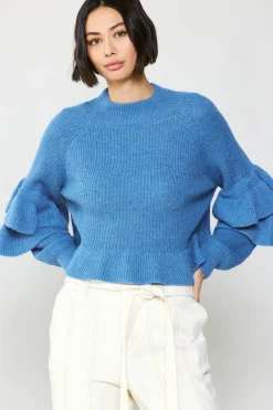 Current Air Sweaters-Tiered Sleeve Sweater BLUE