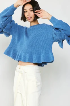 Current Air Sweaters-Tiered Sleeve Sweater BLUE