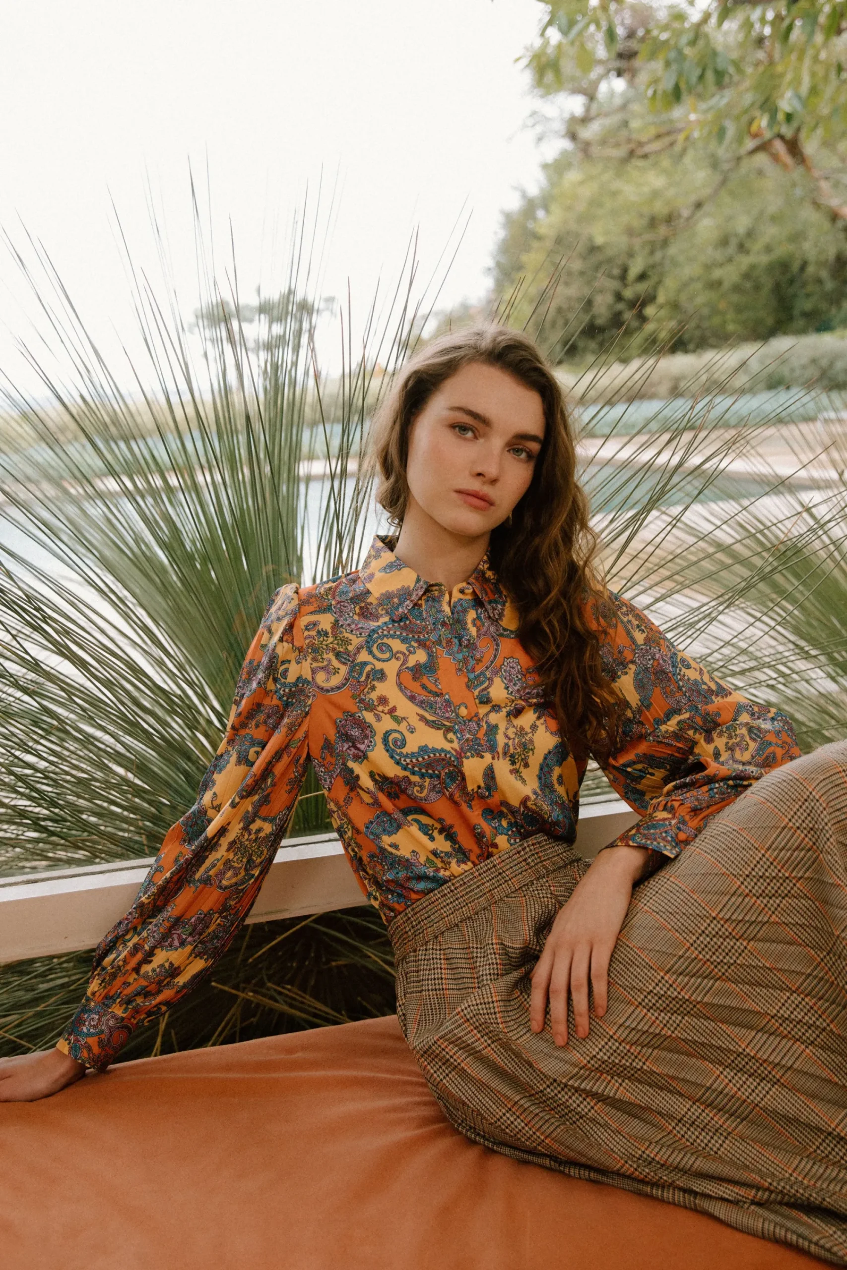 Current Air Long Sleeve Tops-Tonal Paisley Pleated Shirt ORANGEPAISLEY