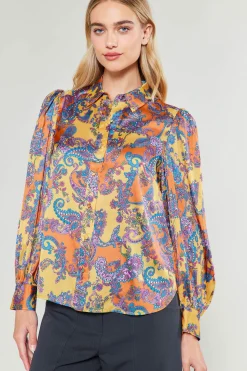 Current Air Long Sleeve Tops-Tonal Paisley Pleated Shirt ORANGEPAISLEY