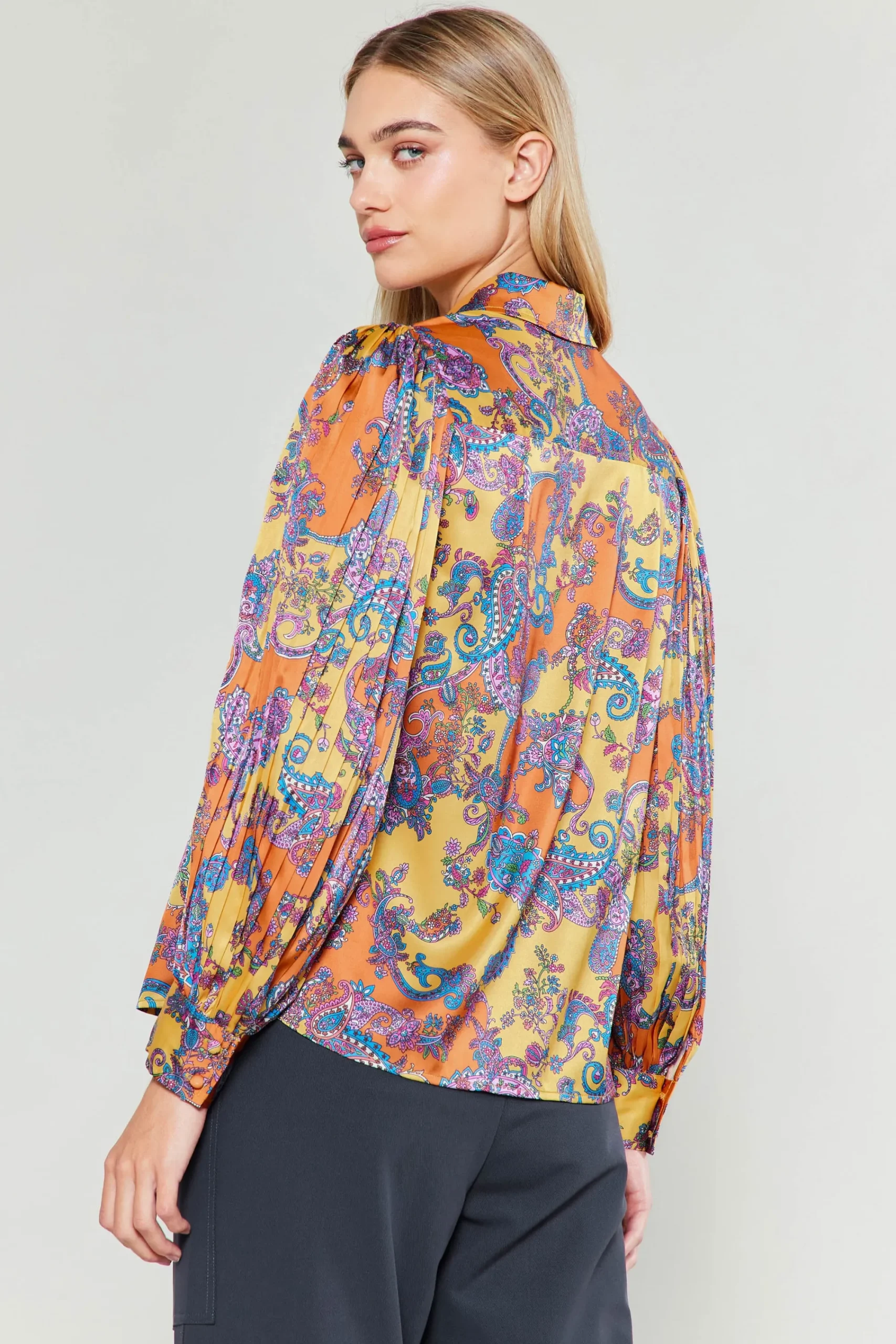Current Air Long Sleeve Tops-Tonal Paisley Pleated Shirt ORANGEPAISLEY