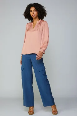 Current Air Long Sleeve Tops-Top Stitch Placket Blouse DUSTYBLUSH