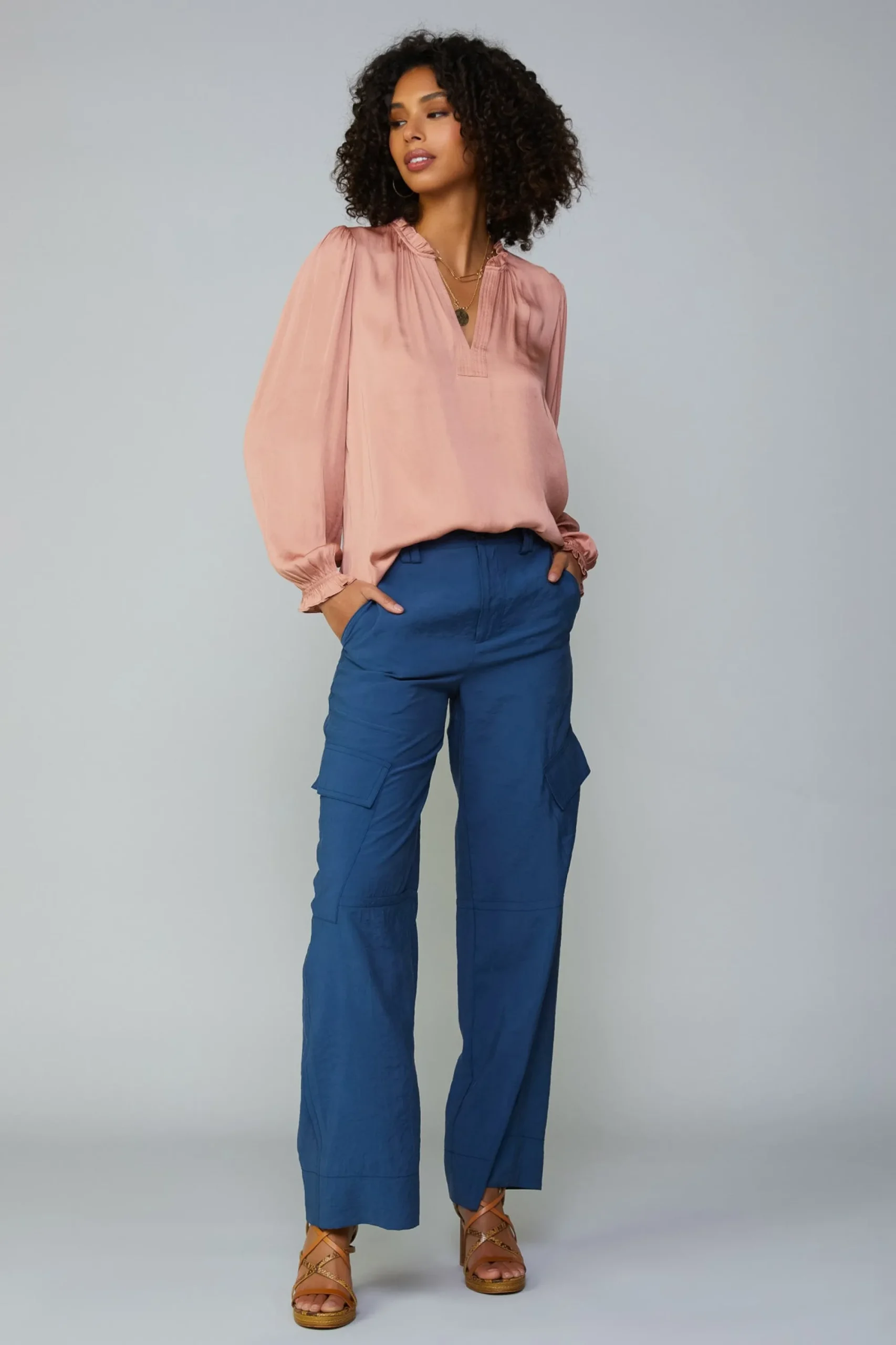 Current Air Long Sleeve Tops-Top Stitch Placket Blouse DUSTYBLUSH