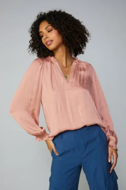 Current Air Long Sleeve Tops-Top Stitch Placket Blouse DUSTYBLUSH