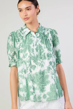 Current Air Short Sleeve Tops-Tulip Jacquard Blouse GREENFLORAL