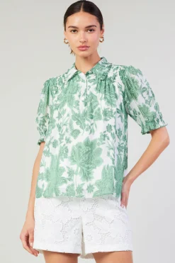 Current Air Short Sleeve Tops-Tulip Jacquard Blouse GREENFLORAL