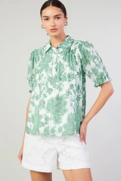 Current Air Short Sleeve Tops-Tulip Jacquard Blouse GREENFLORAL