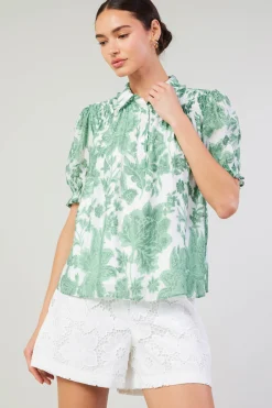 Current Air Short Sleeve Tops-Tulip Jacquard Blouse GREENFLORAL