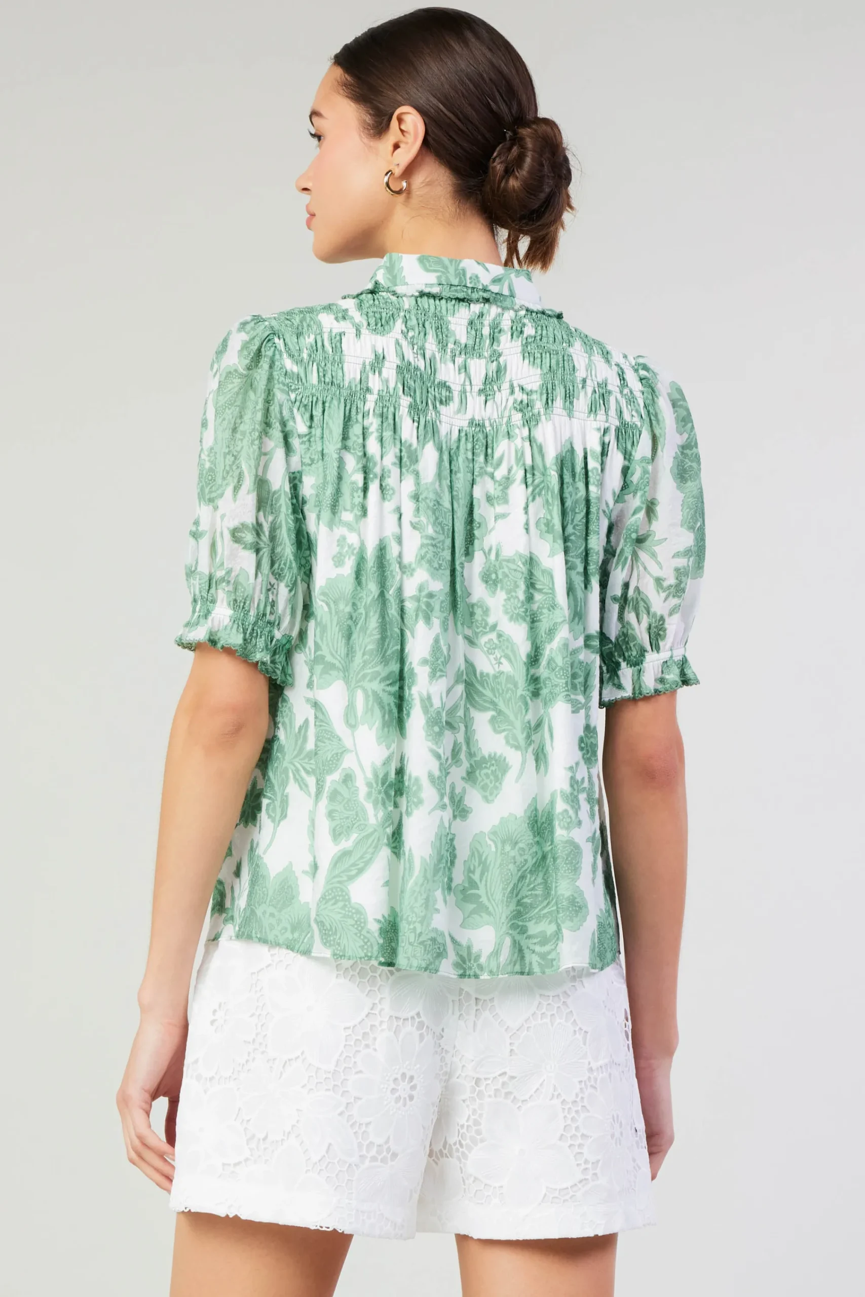Current Air Short Sleeve Tops-Tulip Jacquard Blouse GREENFLORAL