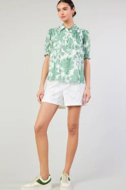 Current Air Short Sleeve Tops-Tulip Jacquard Blouse GREENFLORAL