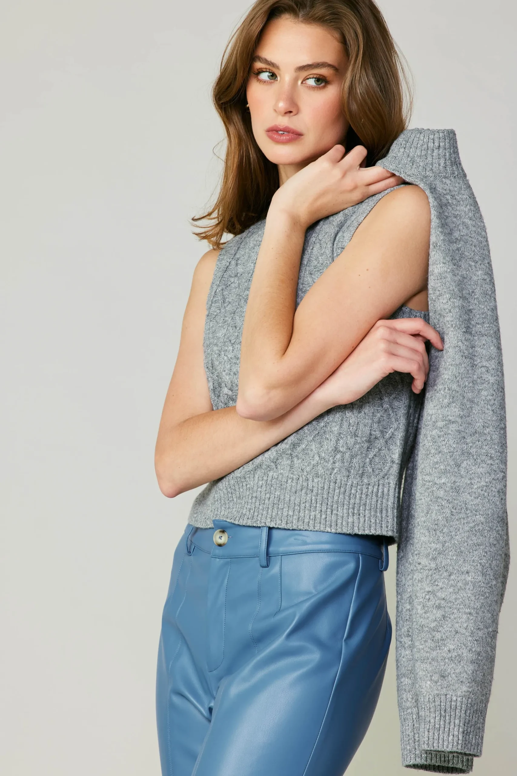 Current Air Sweaters-Two Piece Cable Knit Sweater MELANGEGREY