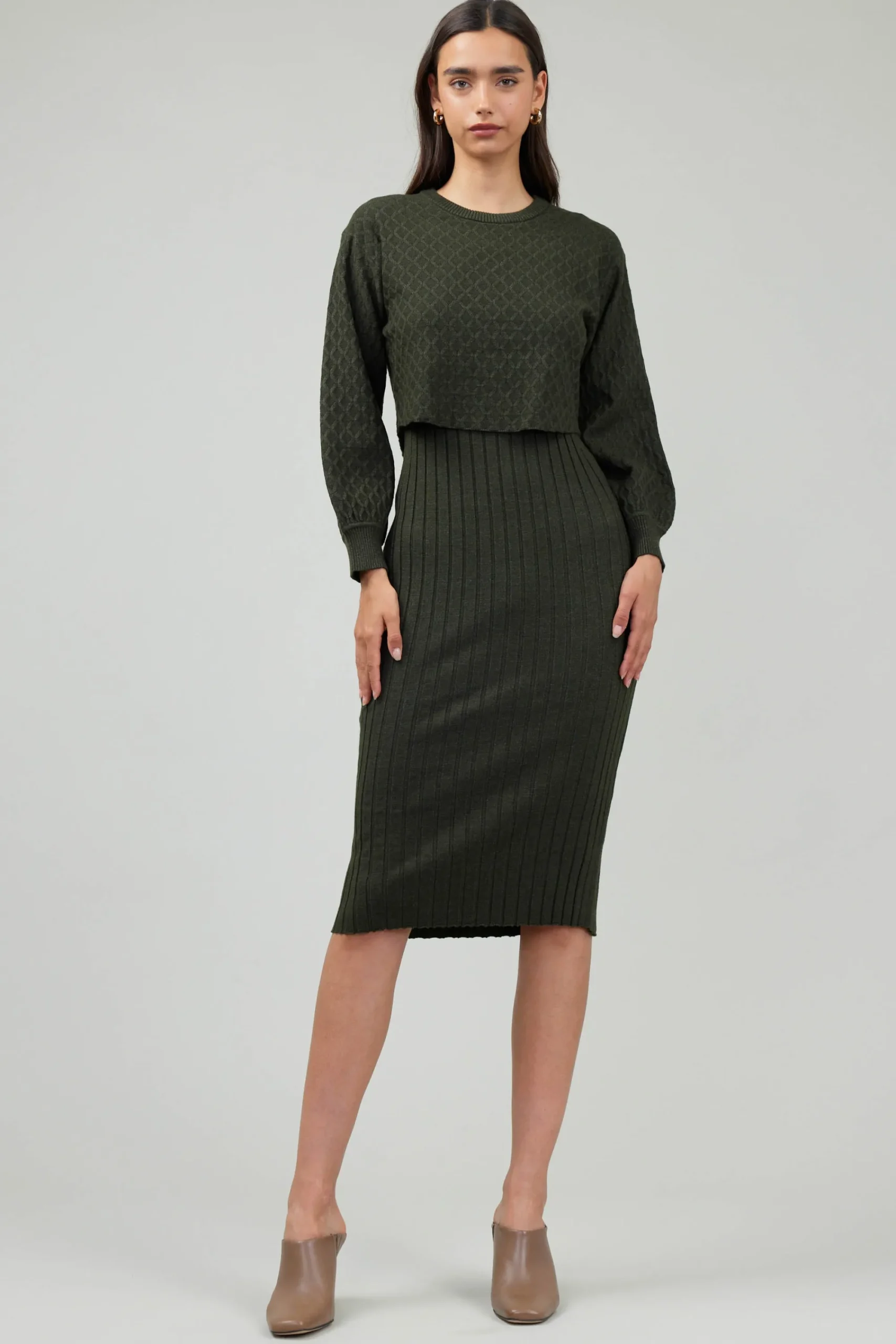Current Air Knitwear | Midi Dresses-Two Piece Sweater Dress DARKMOSSGREEN